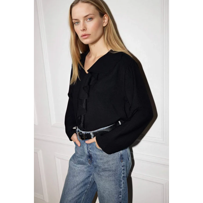 Defacto G9142AXBK81 Siyah Relax Fıt Krinkıl Kumaş Volanlı Bluz