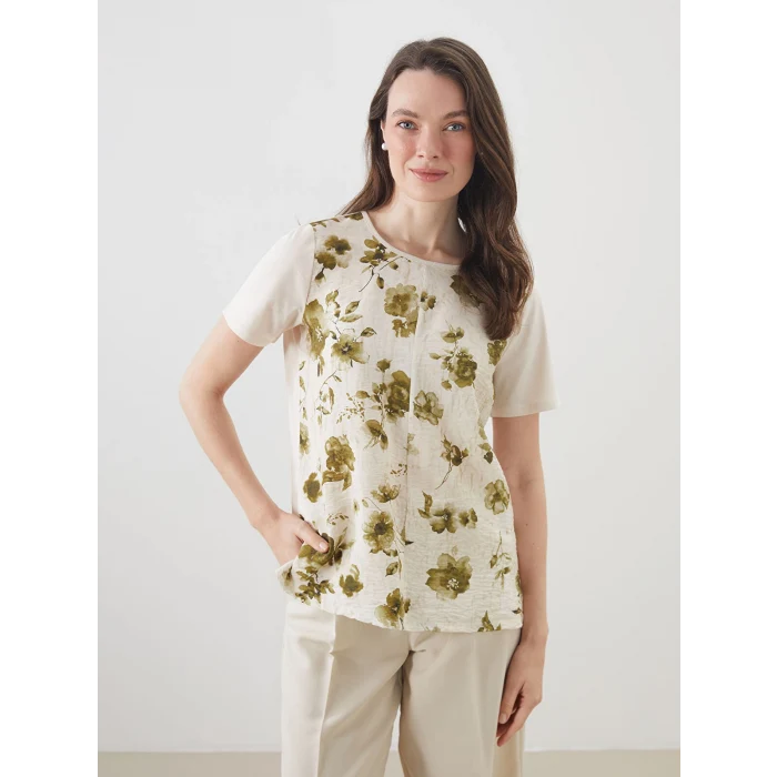 LCW Grace Bej Bisiklet Yaka Çiçekli Bluz