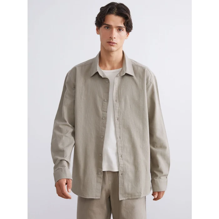 XSIDE Bej Regular Fit Uzun Kollu Keten Görünümlü Erkek Gömlek