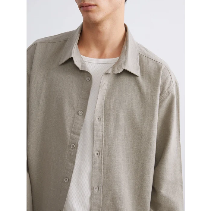 XSIDE Bej Regular Fit Uzun Kollu Keten Görünümlü Erkek Gömlek