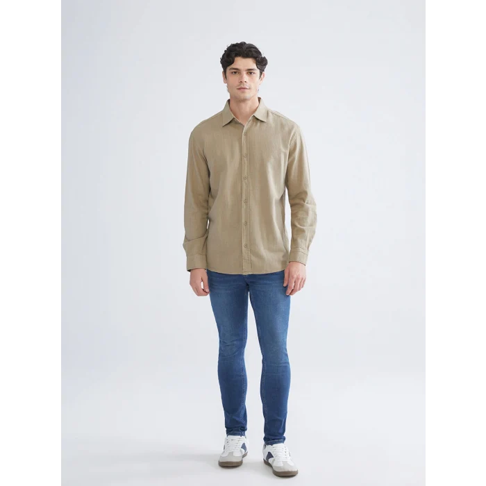 XSIDE Bej Regular Fit Uzun Kollu Keten Görünümlü Erkek Gömlek
