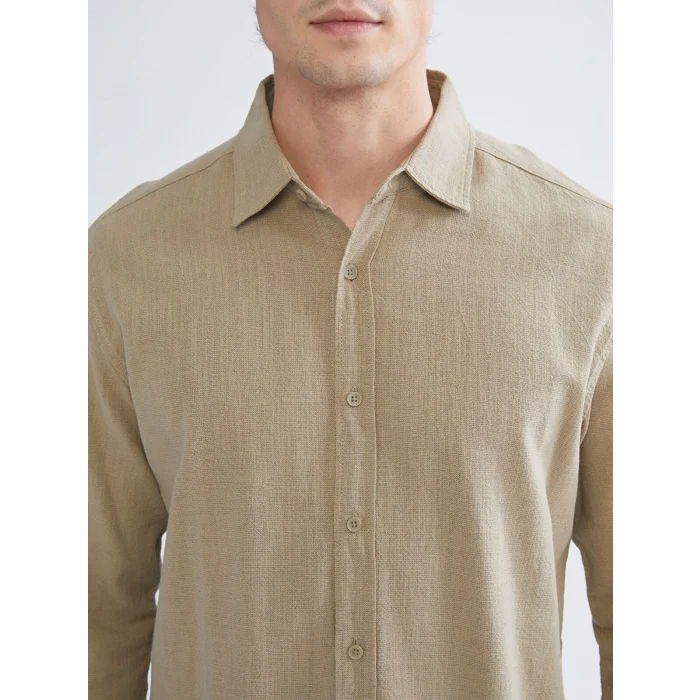 XSIDE Bej Regular Fit Uzun Kollu Keten Görünümlü Erkek Gömlek