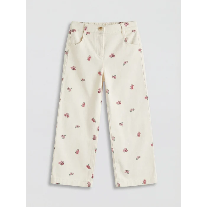 LCW Kids Ekru Çiçek Desenli Kız Çocuk Gabardin Pantolon