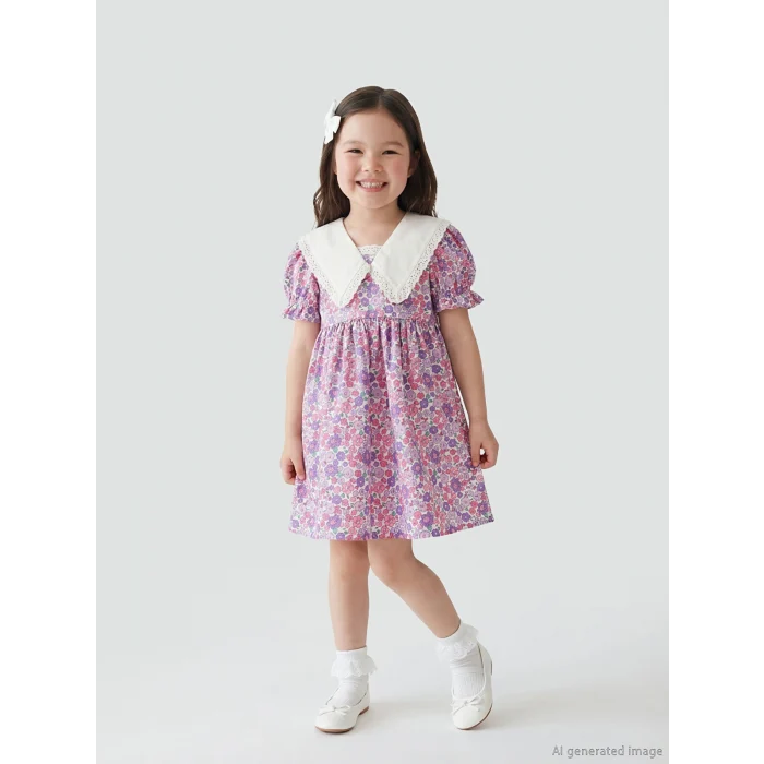 LCW Kids Lila Baskılı Keten Görünümlü Kız Çocuk Elbise