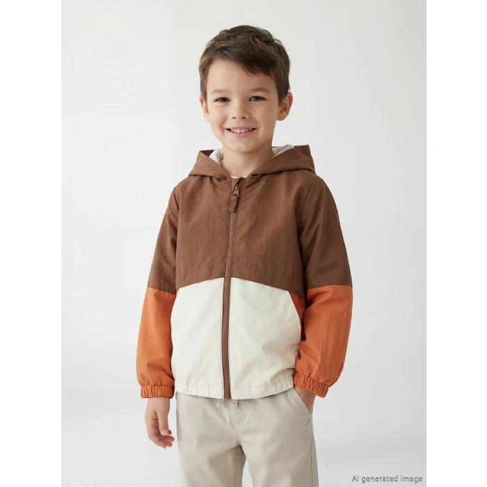 LCW Kids Kahverengi Kapüşonlu Renk Bloklu Erkek Çocuk Mont