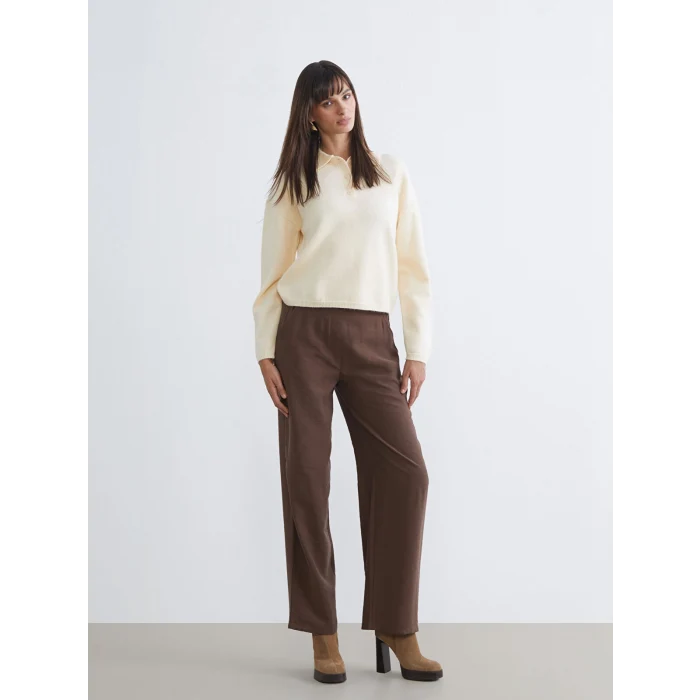 LCW Vision Kahverengi Beli Lastikli Geniş Paça Kadın Pantolon