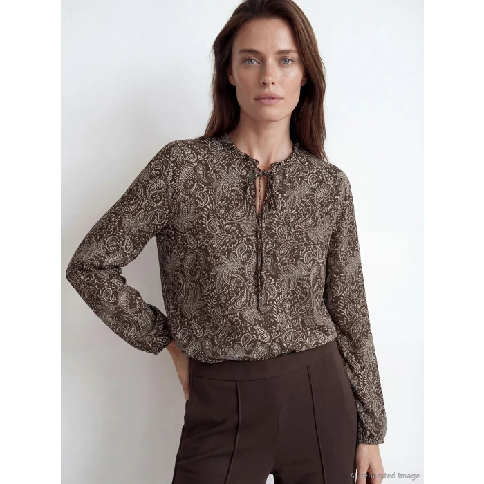 LCW Grace Kahverengi Bağlamalı Yaka Desenli Bluz