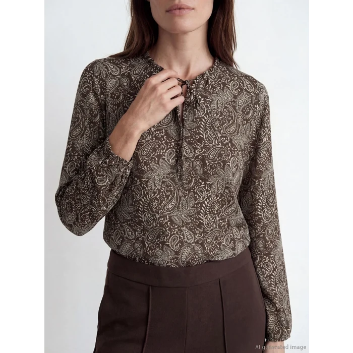 LCW Grace Kahverengi Bağlamalı Yaka Desenli Bluz
