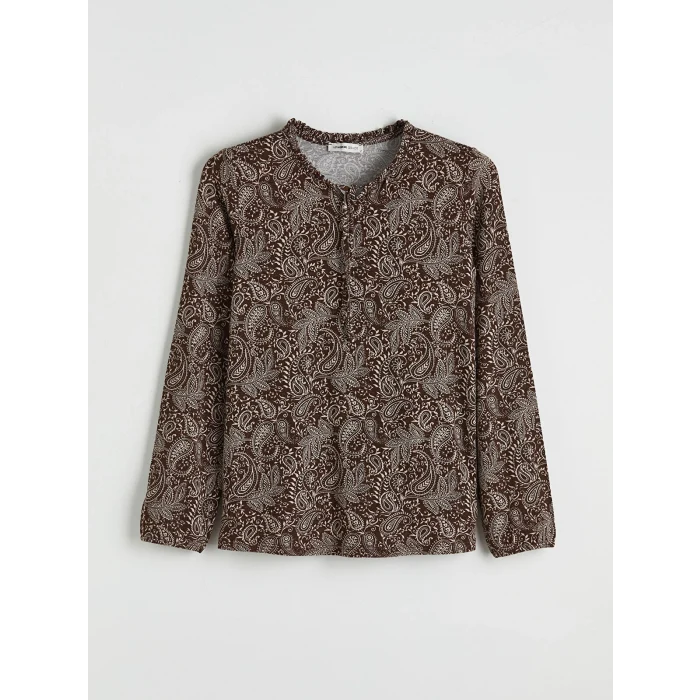 LCW Grace Kahverengi Bağlamalı Yaka Desenli Bluz