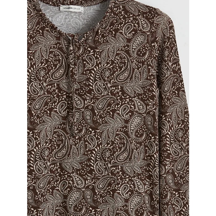 LCW Grace Kahverengi Bağlamalı Yaka Desenli Bluz
