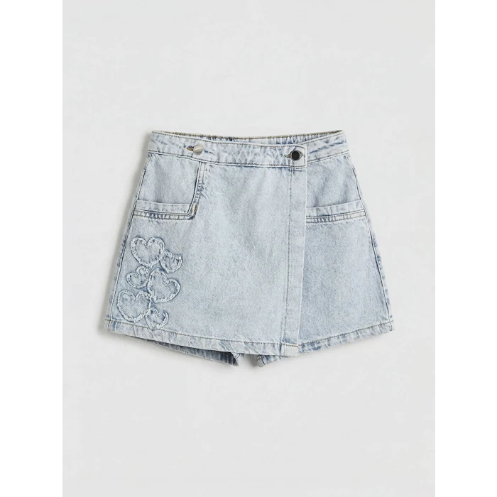 LCW Kids Mavi Kalp Nakışlı Kız Çocuk Denim Şort Etek