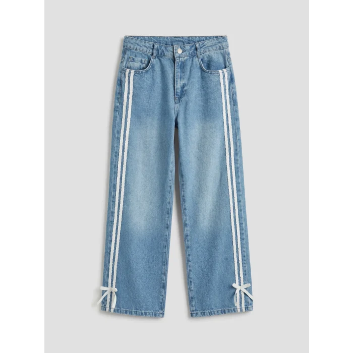 LCW Kids Mavi Wideleg Fiyonklu Kız Çocuk Jean Pantolon