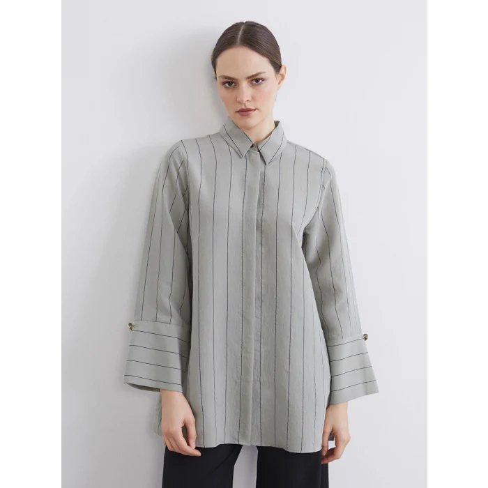 LCW EVERYDAY Yeşil Çizgili Modal Karışımlı Kadın Gömlek Tunik