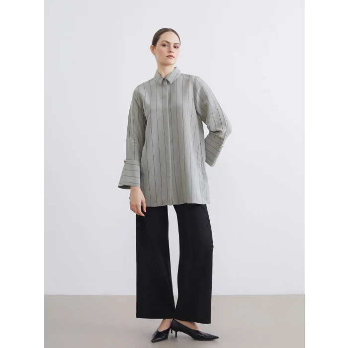 LCW EVERYDAY Yeşil Çizgili Modal Karışımlı Kadın Gömlek Tunik