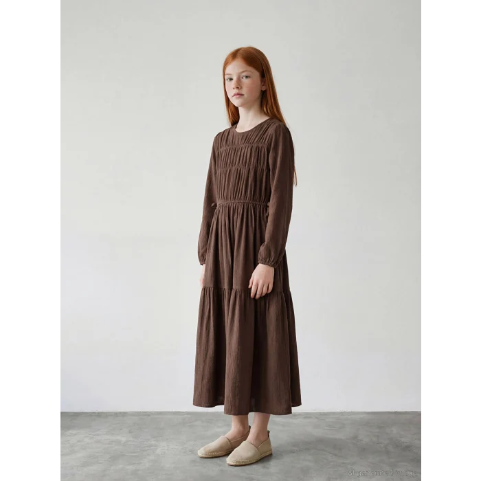 LCW Girls Studio Kahverengi Bisiklet Yaka Büzgülü Kız Çocuk Elbise