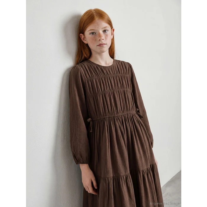 LCW Girls Studio Kahverengi Bisiklet Yaka Büzgülü Kız Çocuk Elbise