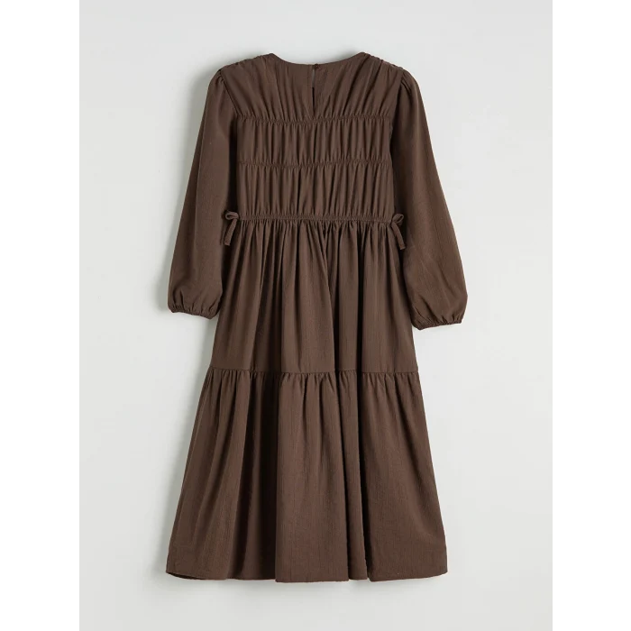 LCW Girls Studio Kahverengi Bisiklet Yaka Büzgülü Kız Çocuk Elbise