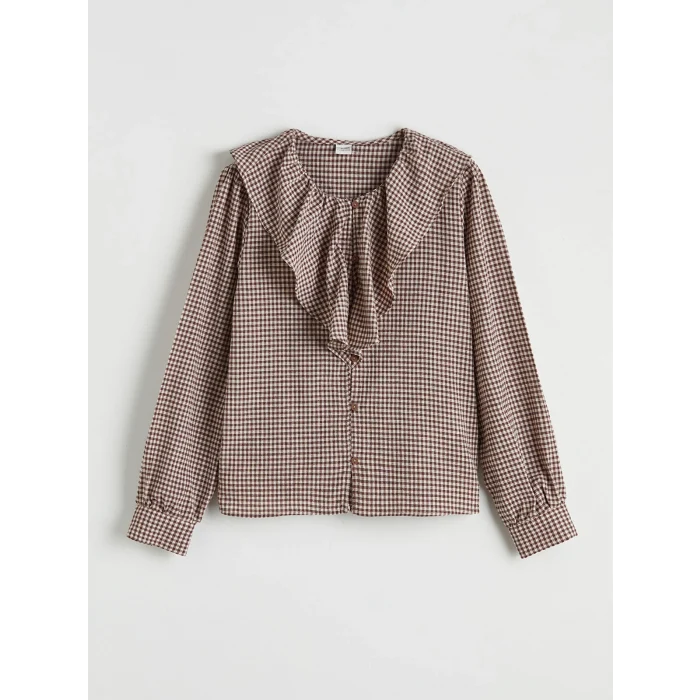 LCW Kids Bordo Ekose Desenli Fırfırlı Kız Çocuk Keten Karışımlı Gömlek