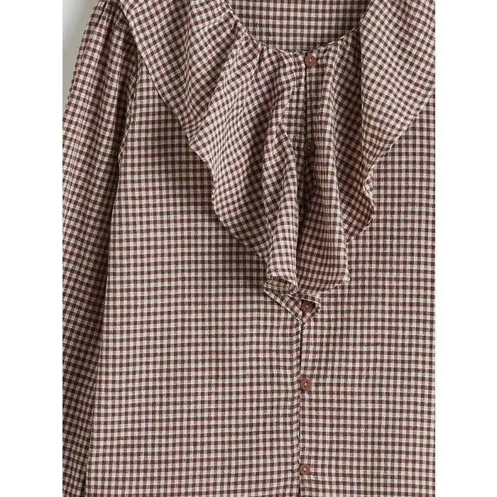 LCW Kids Bordo Ekose Desenli Fırfırlı Kız Çocuk Keten Karışımlı Gömlek