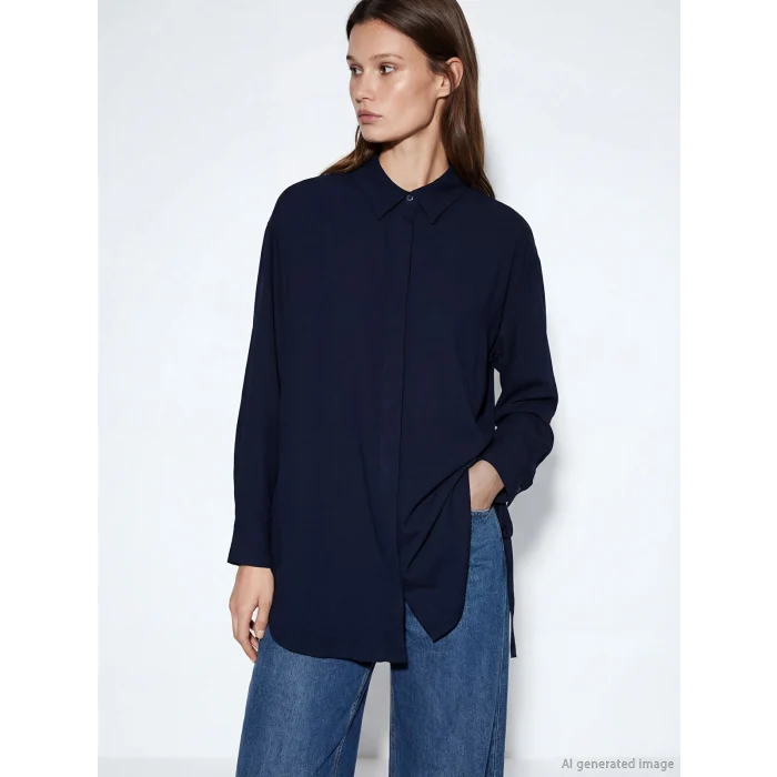 LCW Modest Lacivert Bağlama Detaylı Kadın Gömlek Tunik