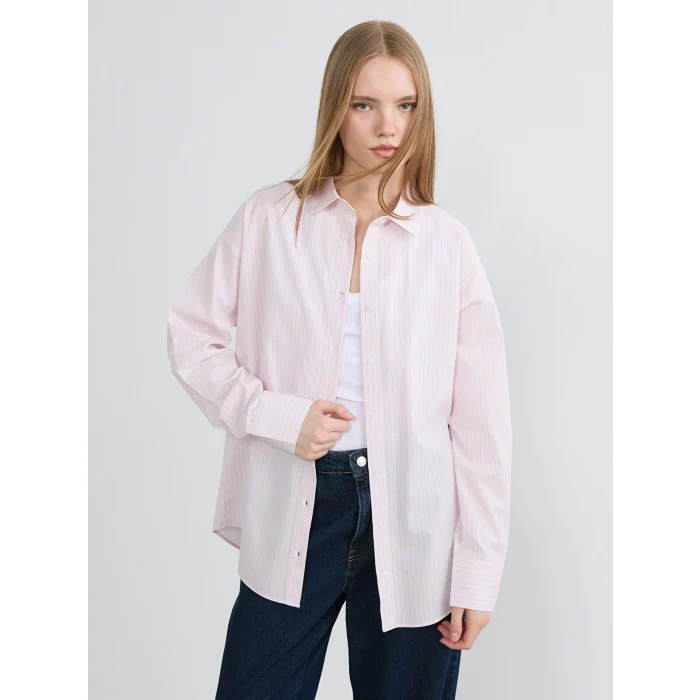 XSIDE Pembe Çizgili Oversize Poplin Kadın Gömlek