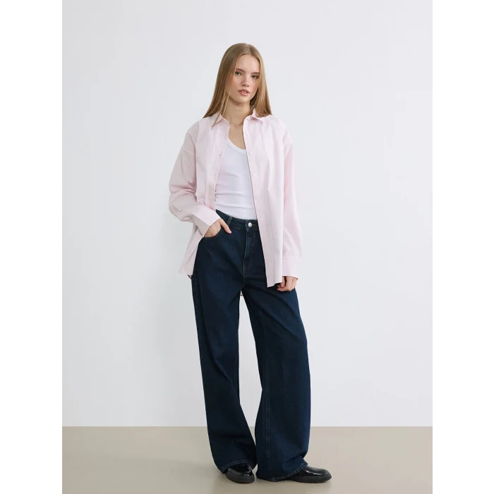 XSIDE Pembe Çizgili Oversize Poplin Kadın Gömlek