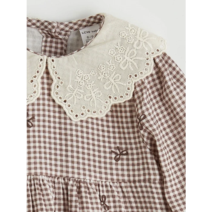 LCW baby Ekru Bebe Yaka Nakışlı Kız Bebek Müslin Elbise