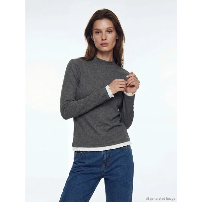 LCW Modest Antrasit Dik Yaka Fırfırlı Kadın Body