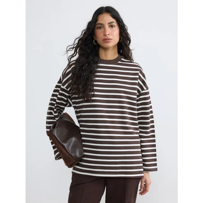 LCW Modest Ekru Çizgili Oversize Kadın Sweatshirt Tunik