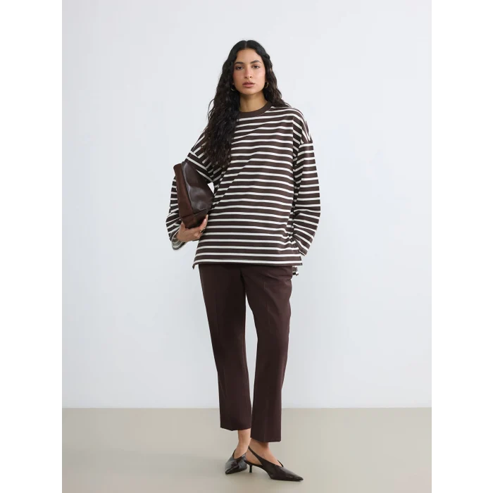 LCW Modest Ekru Çizgili Oversize Kadın Sweatshirt Tunik
