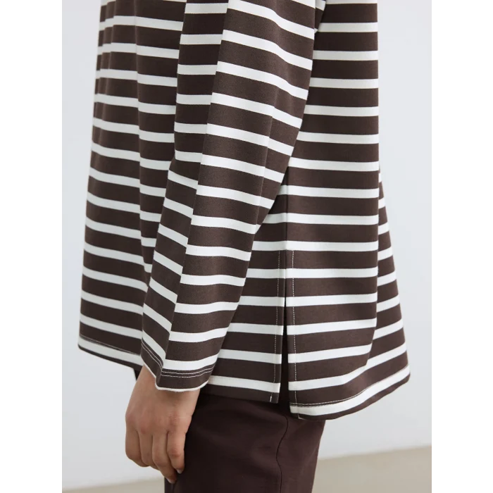 LCW Modest Ekru Çizgili Oversize Kadın Sweatshirt Tunik