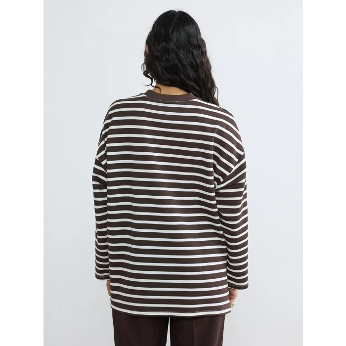 LCW Modest Ekru Çizgili Oversize Kadın Sweatshirt Tunik