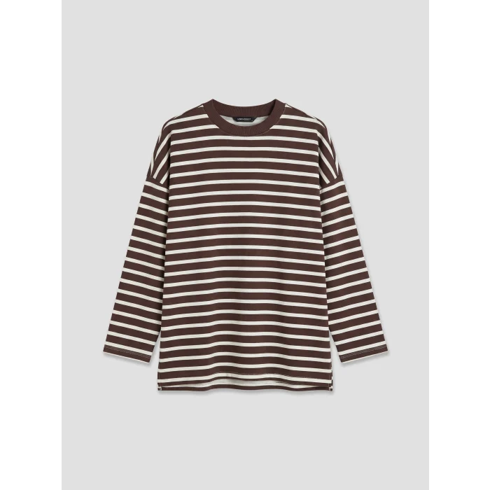 LCW Modest Ekru Çizgili Oversize Kadın Sweatshirt Tunik