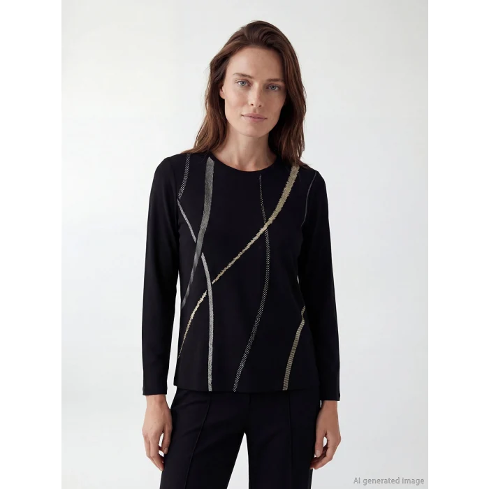 LCW Grace Siyah Bisiklet Yaka Desenli Bluz