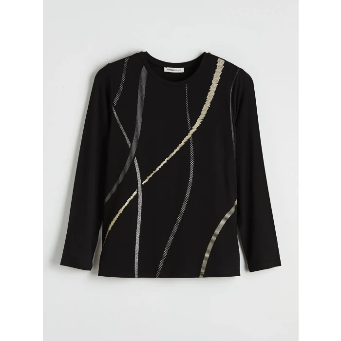 LCW Grace Siyah Bisiklet Yaka Desenli Bluz