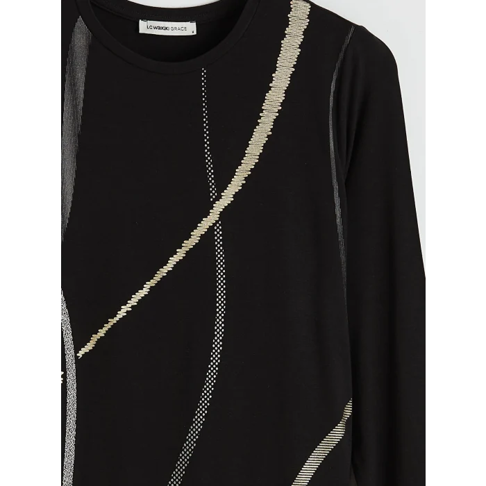 LCW Grace Siyah Bisiklet Yaka Desenli Bluz