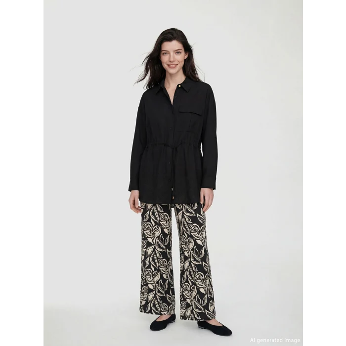 LCW Comfort Siyah Bağlama Detaylı Büzgülü Kadın Gömlek
