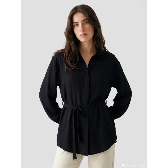 LCW Modest Siyah Beli Kuşaklı Oversize Kadın Gömlek Tunik