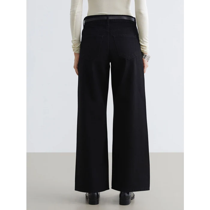 LCW Jeans Siyah Beli Kemerli Wideleg Kadın Jean Pantolon
