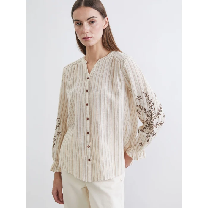 LCW Grace Kahverengi Kaçık Yaka Çizgili Keten Karışımlı Kadın Gömlek