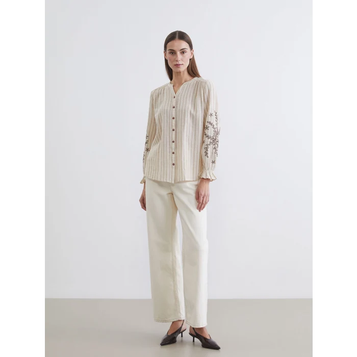 LCW Grace Kahverengi Kaçık Yaka Çizgili Keten Karışımlı Kadın Gömlek