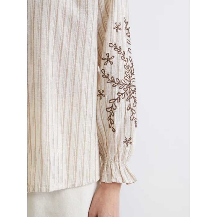 LCW Grace Kahverengi Kaçık Yaka Çizgili Keten Karışımlı Kadın Gömlek