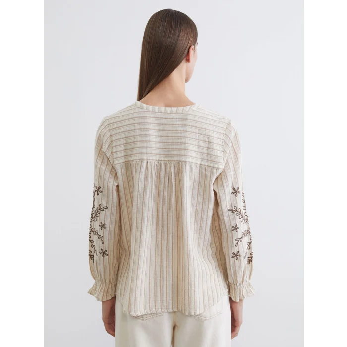 LCW Grace Kahverengi Kaçık Yaka Çizgili Keten Karışımlı Kadın Gömlek