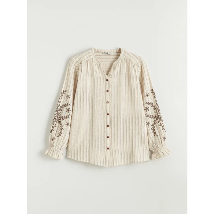 LCW Grace Kahverengi Kaçık Yaka Çizgili Keten Karışımlı Kadın Gömlek