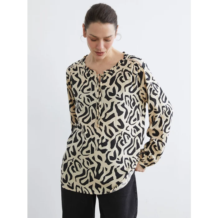 LCW Grace Siyah Bağlamalı Yaka Desenli Bluz