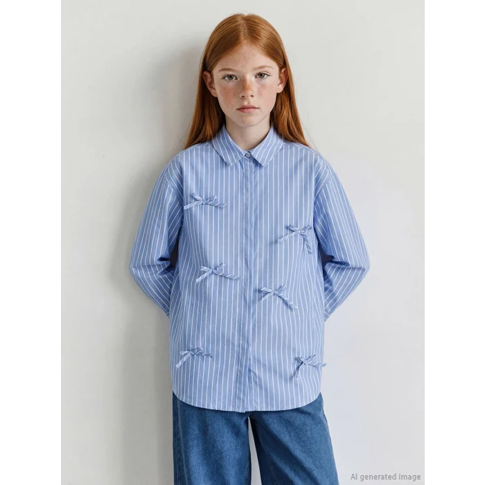 LCW Girls Studio Mavi Fiyonk Detaylı Çizgili Kız Çocuk Poplin Gömlek