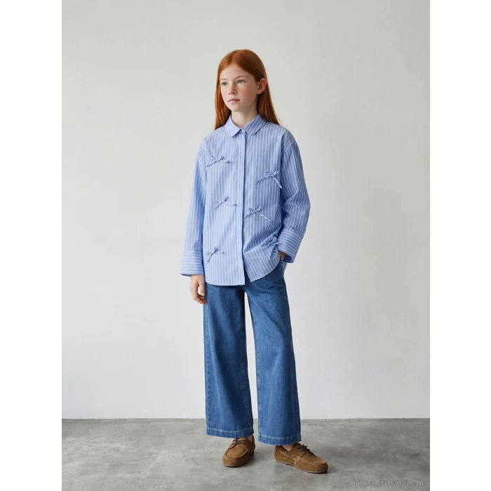 LCW Girls Studio Mavi Fiyonk Detaylı Çizgili Kız Çocuk Poplin Gömlek