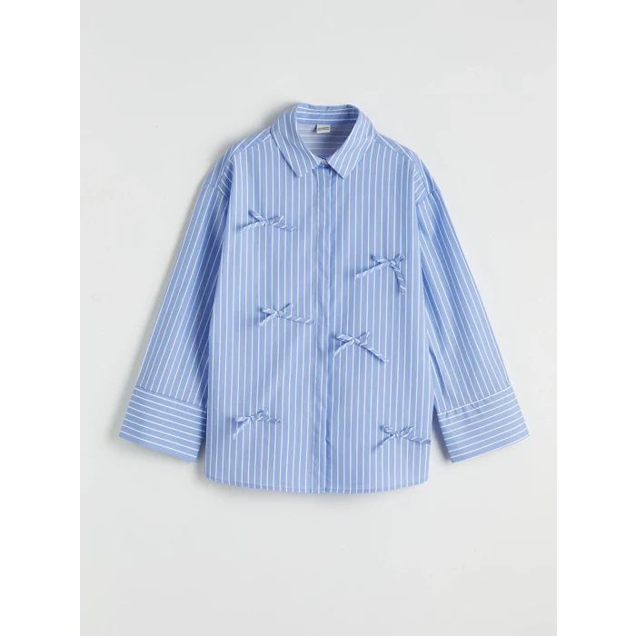 LCW Girls Studio Mavi Fiyonk Detaylı Çizgili Kız Çocuk Poplin Gömlek