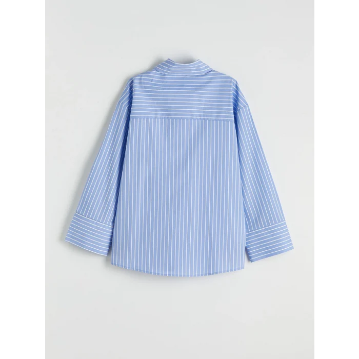 LCW Girls Studio Mavi Fiyonk Detaylı Çizgili Kız Çocuk Poplin Gömlek