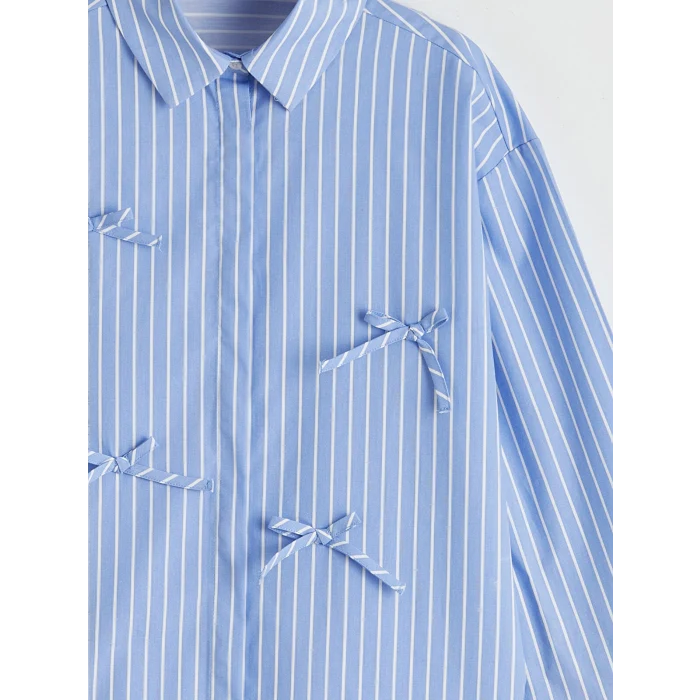 LCW Girls Studio Mavi Fiyonk Detaylı Çizgili Kız Çocuk Poplin Gömlek